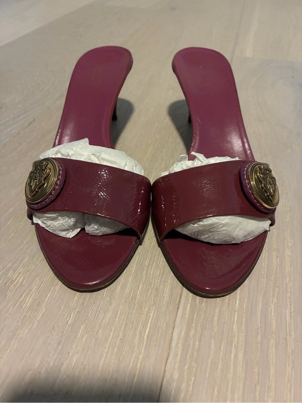Gucci Burgundy Patent Slide Mules with Gold Medallion